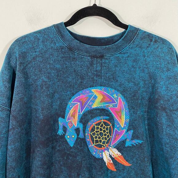 Vtg Green Acid Wash Lizard Dreamcatcher Western Relaxed Fit Pullover Sweatshirt - Picture 2 of 8